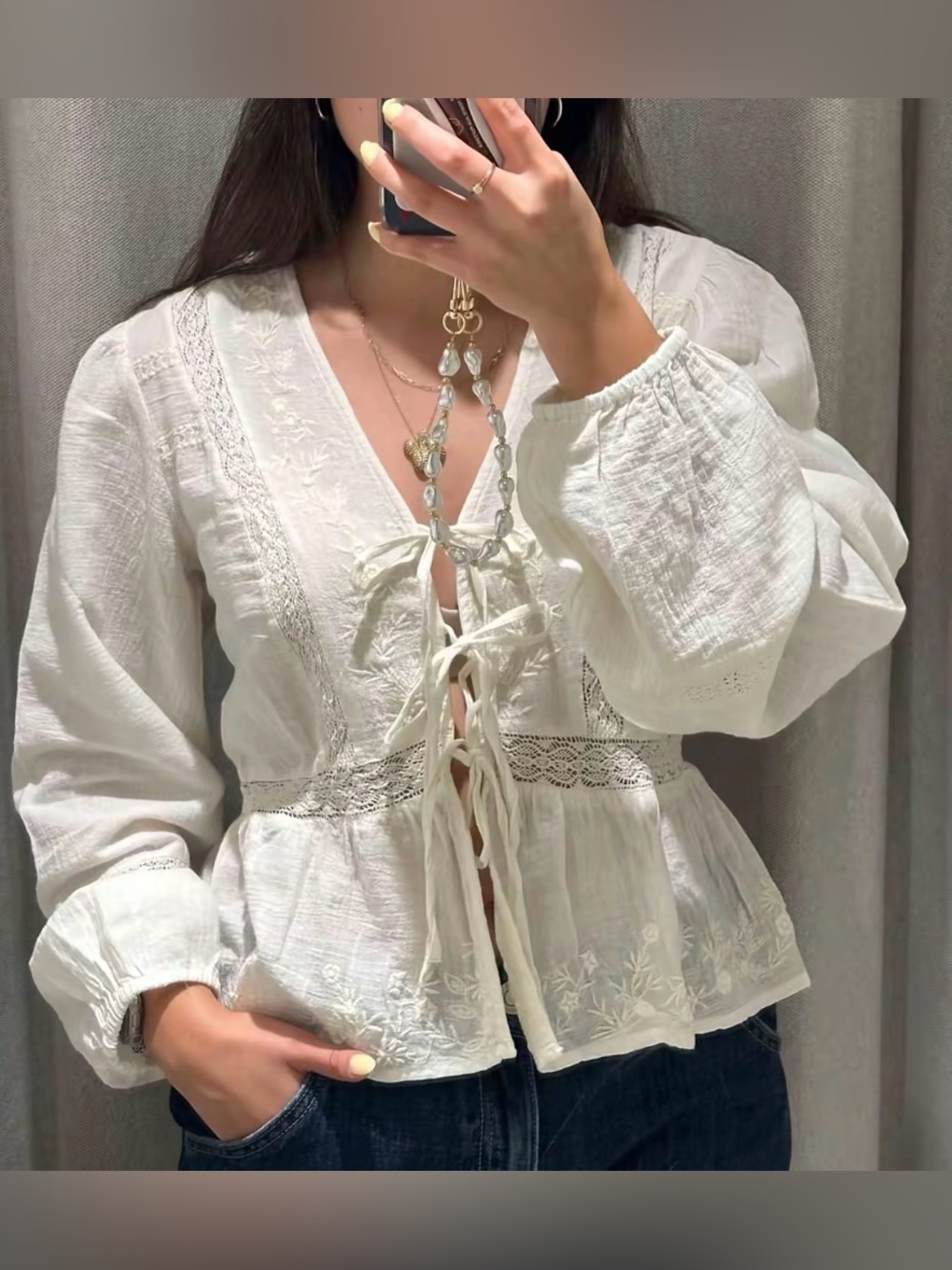 stradivarius Cream Lace-Up Peasant Blouse